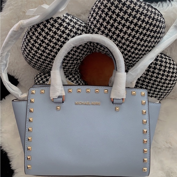 NWT Michael Kors Selma Stud Leather MD Top Zip Satchel in Pale Blue